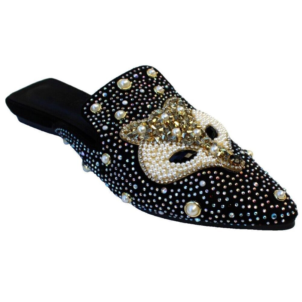 Black Fox Print Slip-On Loafers Sparkling Rhinestones & Pearl Embellishments 7.5 - Picture 2 of 4